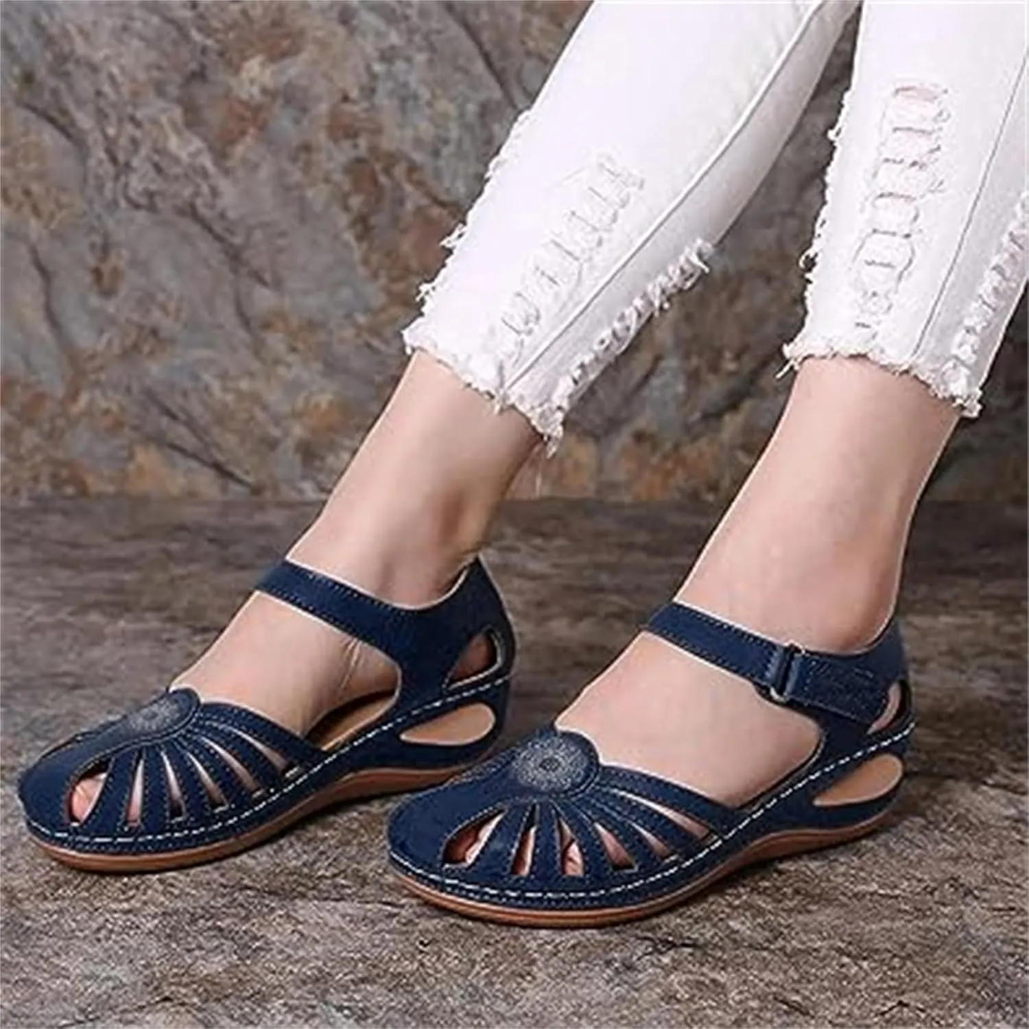 FFMA Comfortable Wedge Sandals with Arch Support Ladies Orthopedic Sandals Summer Casual Clearance Hollowed Out Wedge Platforms Sandals Closed Toe Summer Shoes