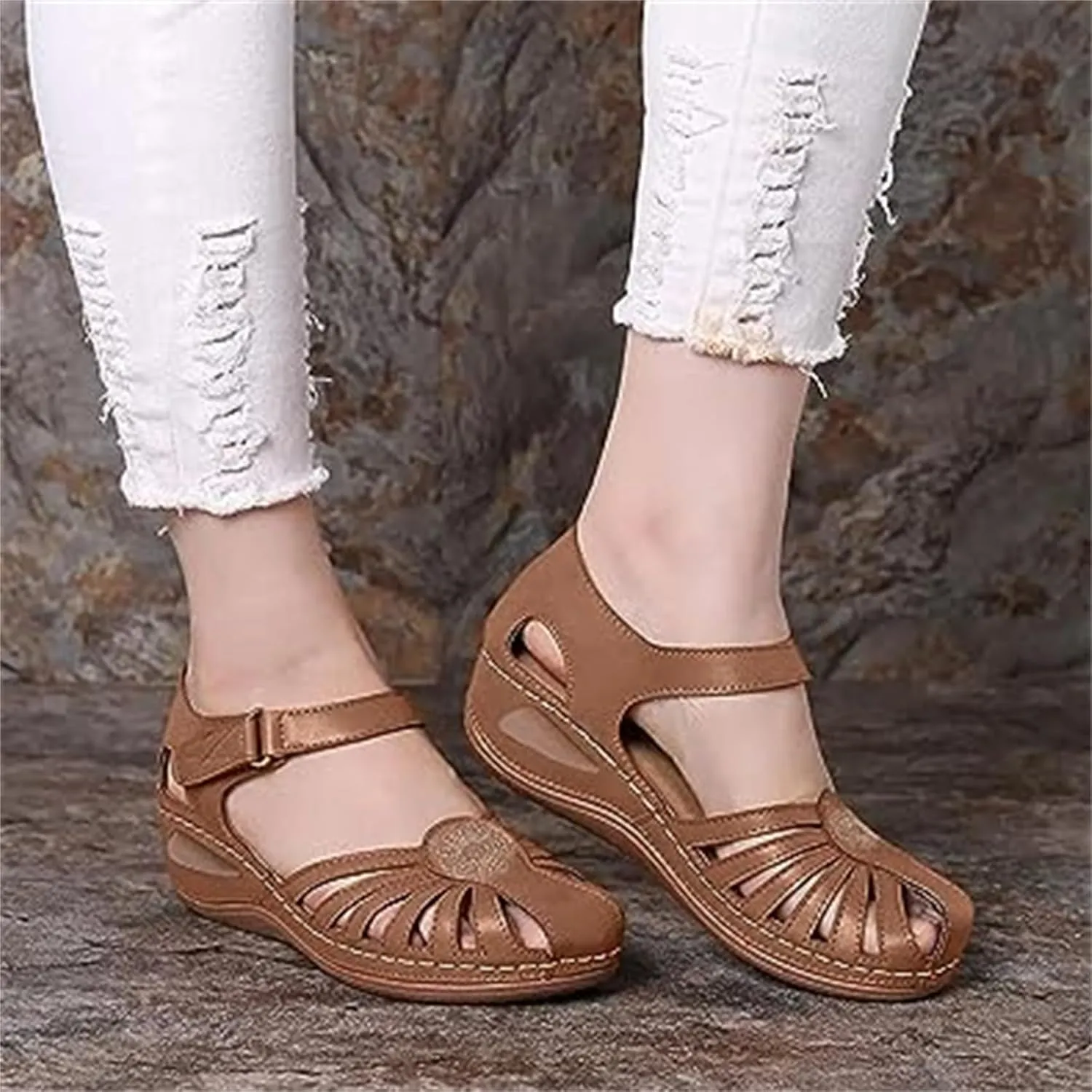 FFMA Comfortable Wedge Sandals with Arch Support Ladies Orthopedic Sandals Summer Casual Clearance Hollowed Out Wedge Platforms Sandals Closed Toe Summer Shoes