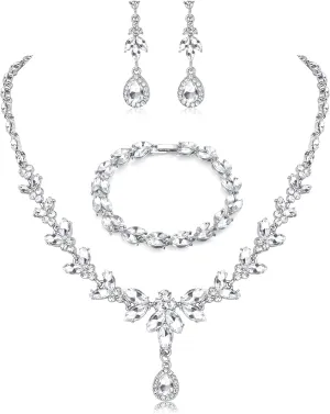 FIASASO Prom Jewelry Set Necklace Dangle Earrings Bracelet Bride Bridesmaid Crystal Bridal Jewelry Set for Wedding Rhinestone Engagement Party Prom Jewelry Set for Women