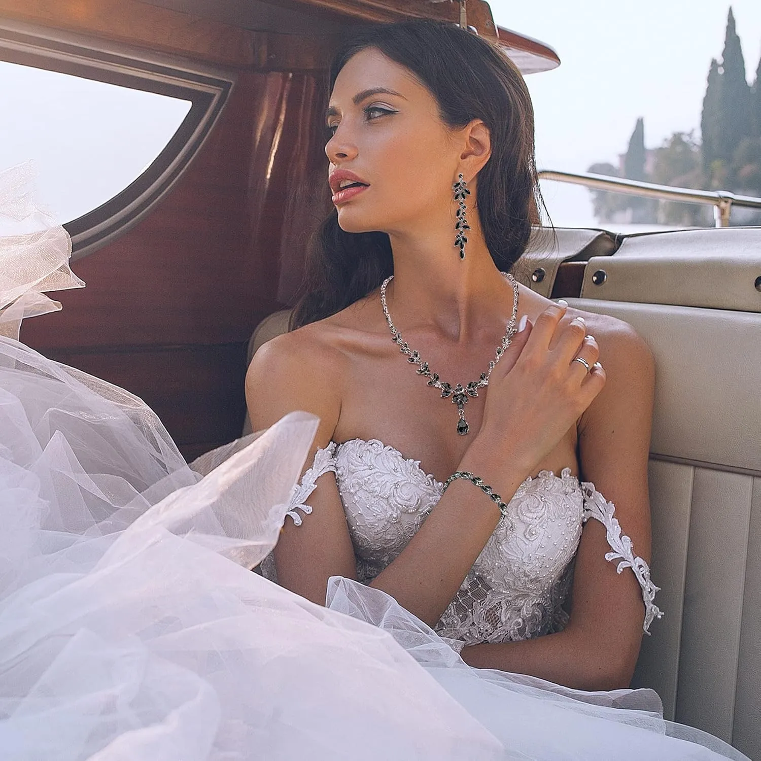 FIASASO Prom Jewelry Set Necklace Dangle Earrings Bracelet Bride Bridesmaid Crystal Bridal Jewelry Set for Wedding Rhinestone Engagement Party Prom Jewelry Set for Women