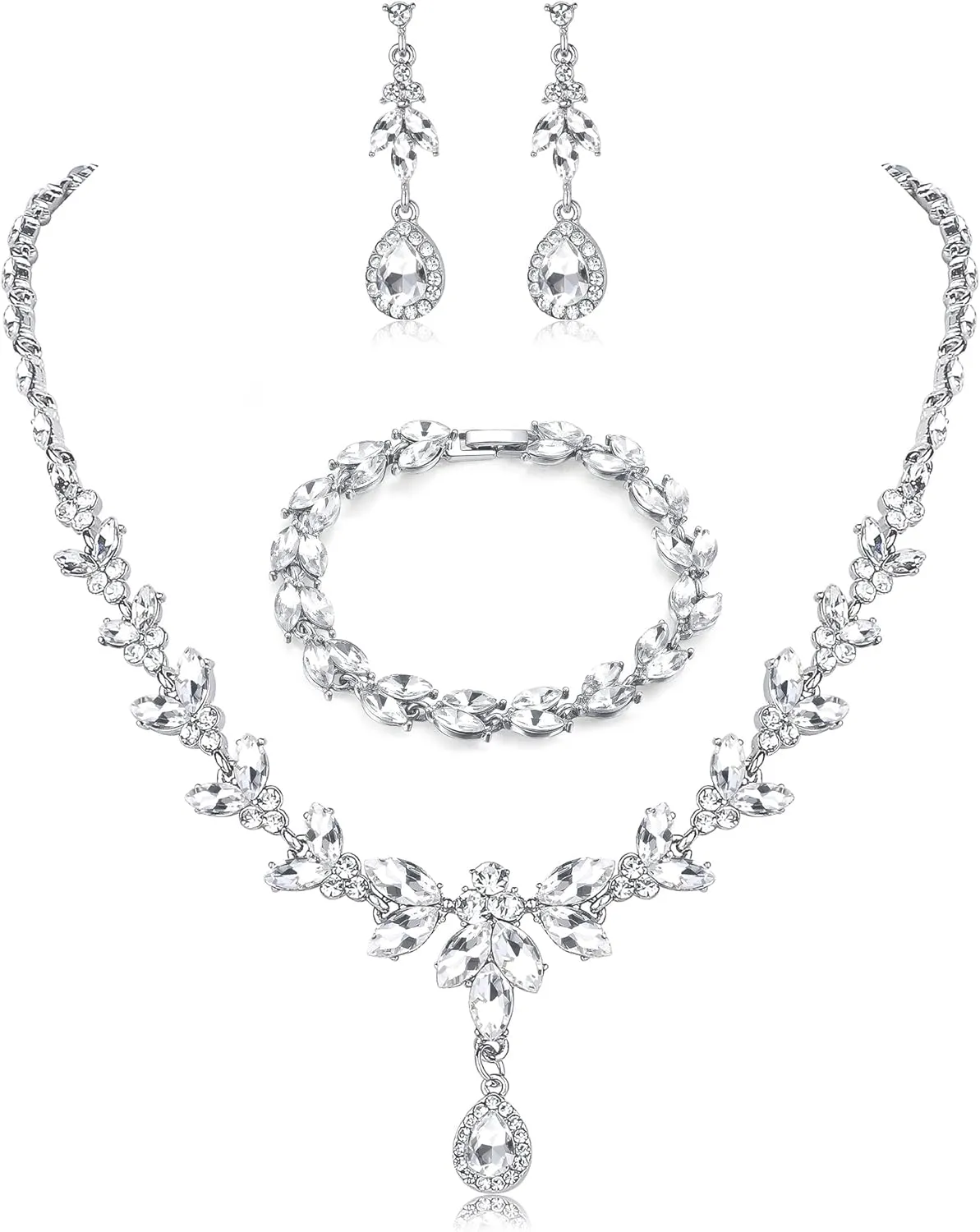 FIASASO Prom Jewelry Set Necklace Dangle Earrings Bracelet Bride Bridesmaid Crystal Bridal Jewelry Set for Wedding Rhinestone Engagement Party Prom Jewelry Set for Women