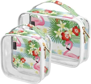 Flamingo-tropic-leaves-print 2 Pieces Clear Makeup Cosmetic Bags for Traveling Vacation Organizing, Toiletry Bags for Women Men, PVC Waterproof Travel Organizer