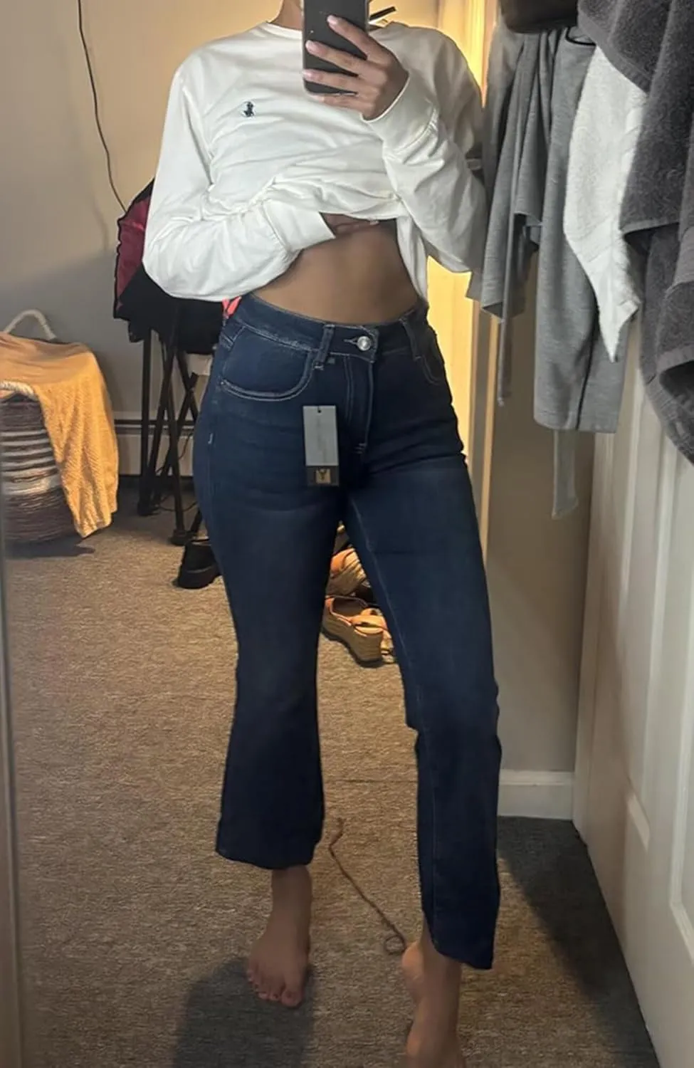 Flare Jeans for Women Cropped Stretchy Mid Rise Bell Bottom Jeans Womens Crop Flare Jeans with Raw Hem