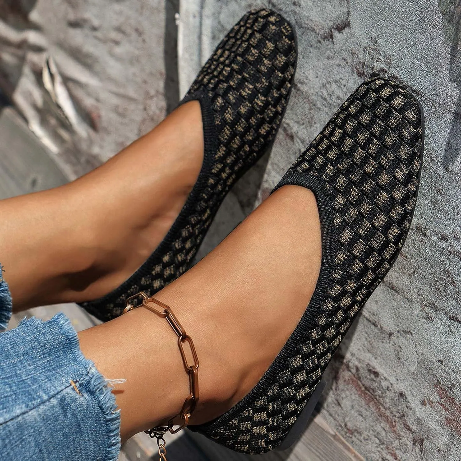 Flats Shoes for Women, Washable Square Toe Knit Ballet Flat with Comfortable Heel Cushions, Soft Slip on Dressy Shoe for Business Casual, Office, Work, Wedding