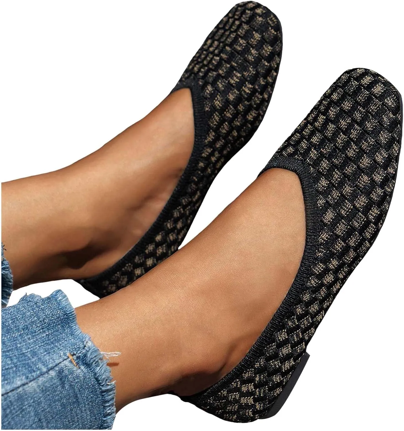 Flats Shoes for Women, Washable Square Toe Knit Ballet Flat with Comfortable Heel Cushions, Soft Slip on Dressy Shoe for Business Casual, Office, Work, Wedding
