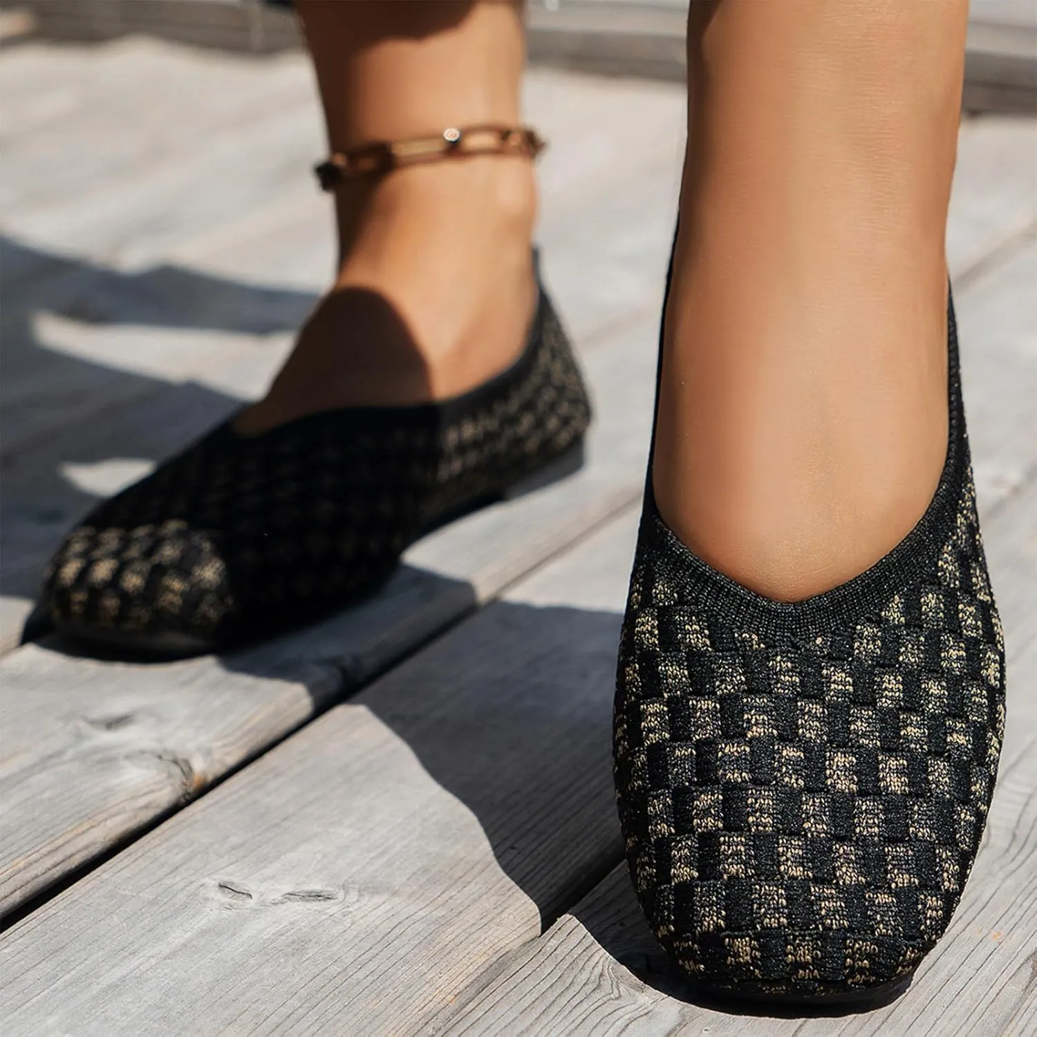 Flats Shoes for Women, Washable Square Toe Knit Ballet Flat with Comfortable Heel Cushions, Soft Slip on Dressy Shoe for Business Casual, Office, Work, Wedding