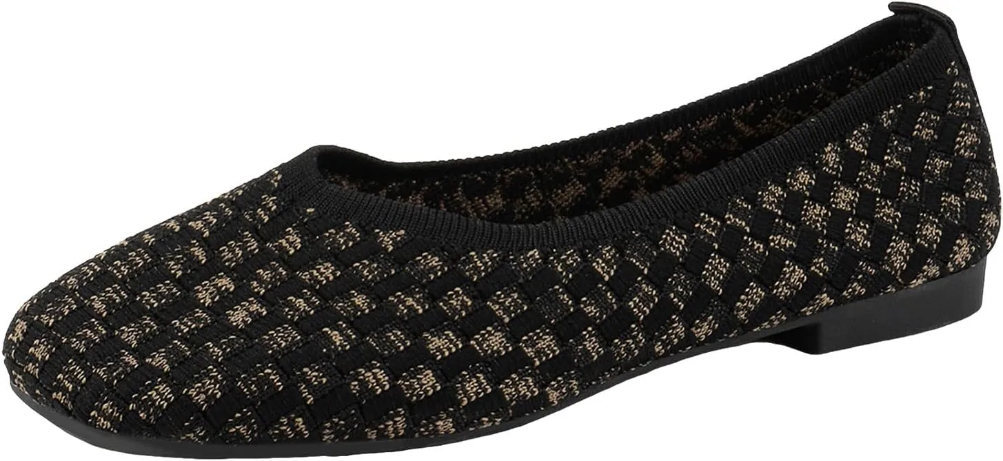 Flats Shoes for Women, Washable Square Toe Knit Ballet Flat with Comfortable Heel Cushions, Soft Slip on Dressy Shoe for Business Casual, Office, Work, Wedding