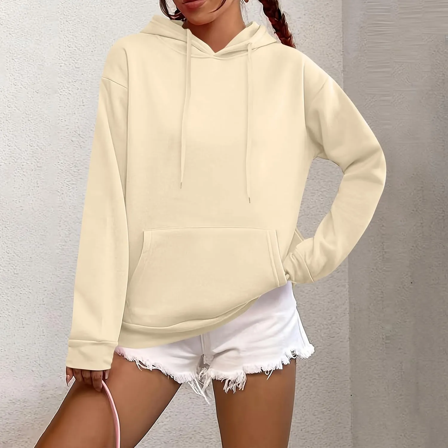 Fleece Hoodie Women Long Sleeve Drawstring Hooded Sweatshirt with Pockets Relaxed Fit Comfy Pullover Fall Sweater