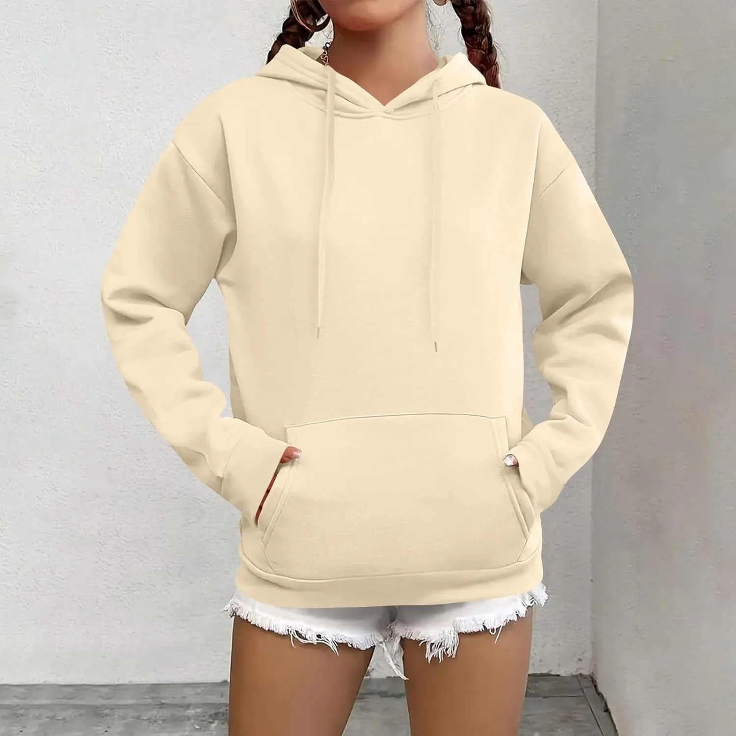 Fleece Hoodie Women Long Sleeve Drawstring Hooded Sweatshirt with Pockets Relaxed Fit Comfy Pullover Fall Sweater