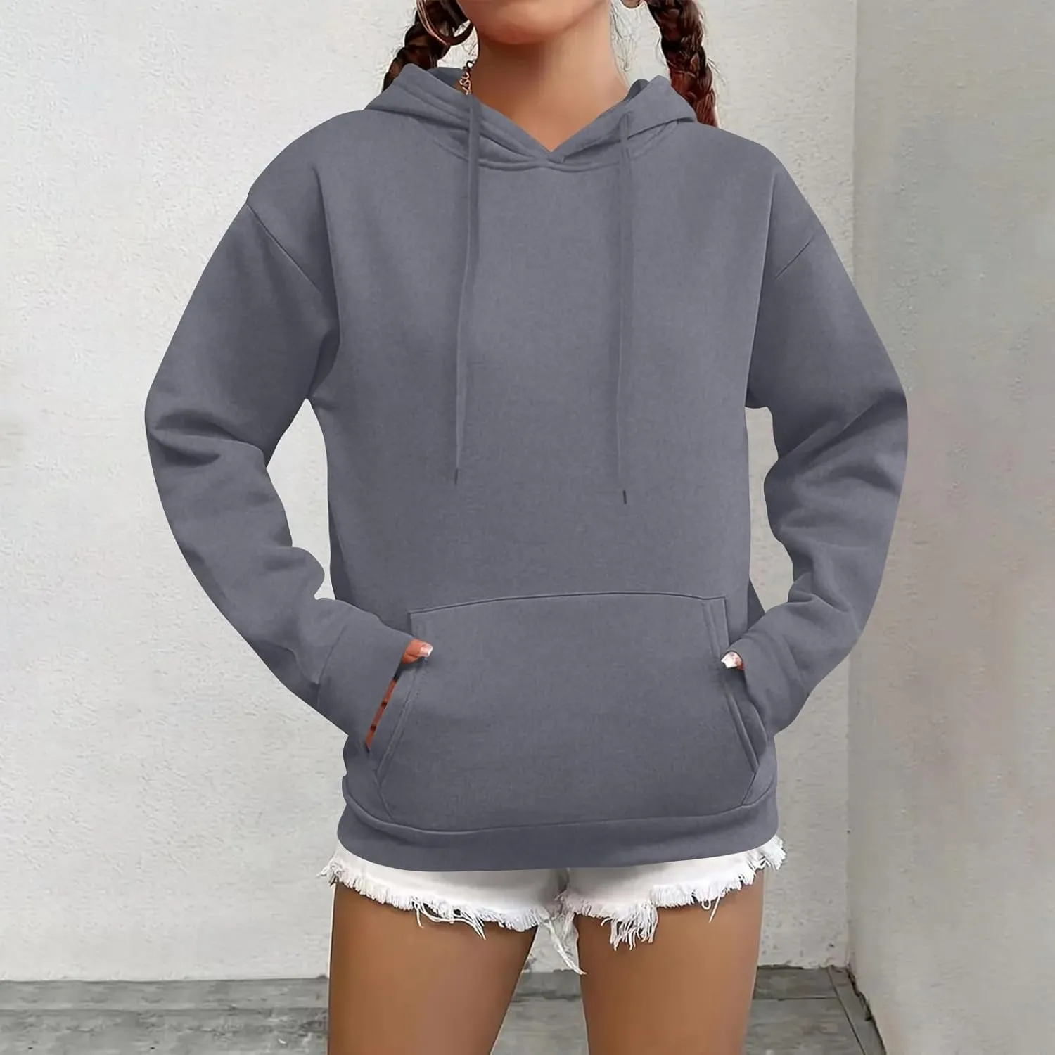Fleece Hoodie Women Long Sleeve Drawstring Hooded Sweatshirt with Pockets Relaxed Fit Comfy Pullover Fall Sweater