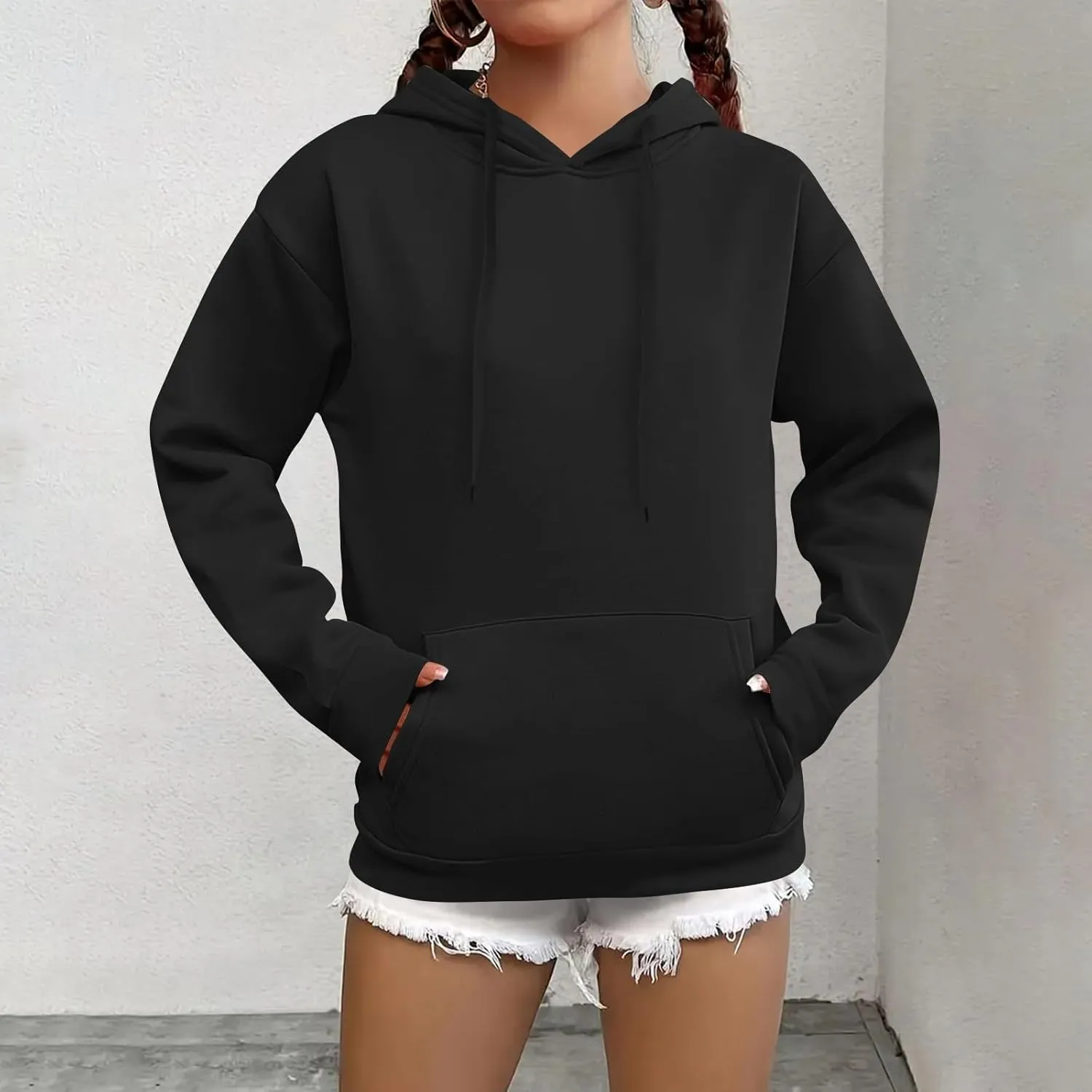 Fleece Hoodie Women Long Sleeve Drawstring Hooded Sweatshirt with Pockets Relaxed Fit Comfy Pullover Fall Sweater