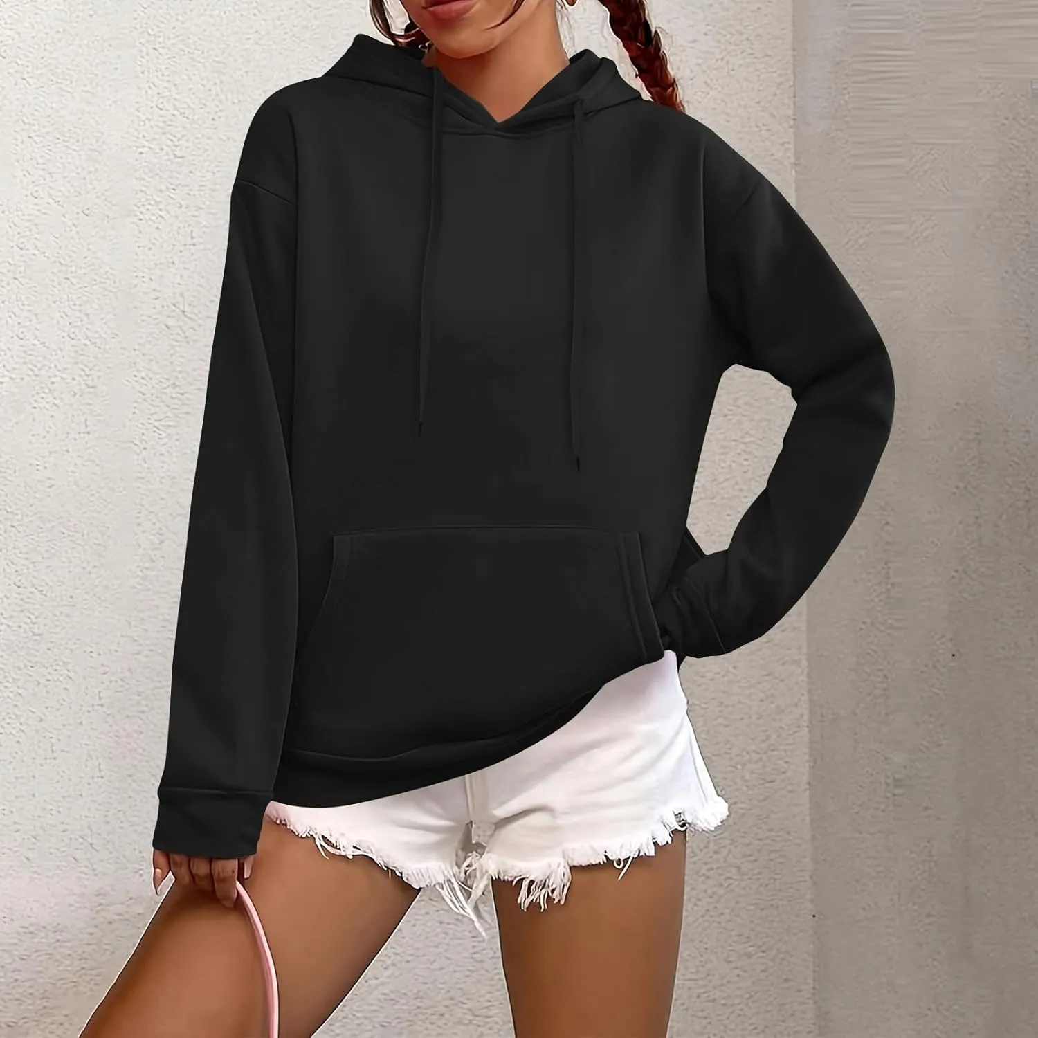 Fleece Hoodie Women Long Sleeve Drawstring Hooded Sweatshirt with Pockets Relaxed Fit Comfy Pullover Fall Sweater