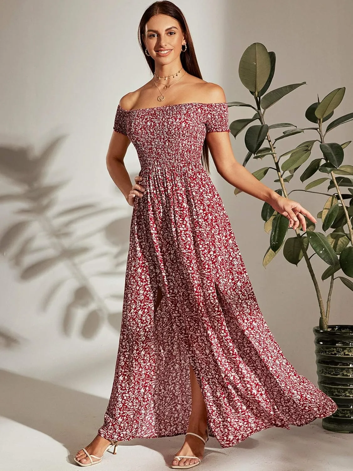 Floerns Women's Boho Floral Print Off Shoulder Split Long A Line Dress