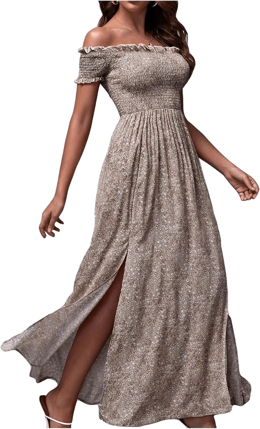 Floerns Women's Boho Floral Print Off Shoulder Split Long A Line Dress