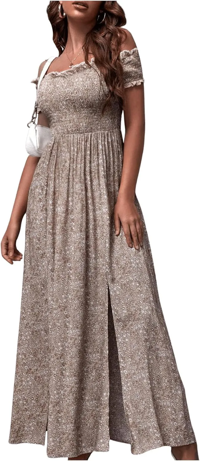 Floerns Women's Boho Floral Print Off Shoulder Split Long A Line Dress