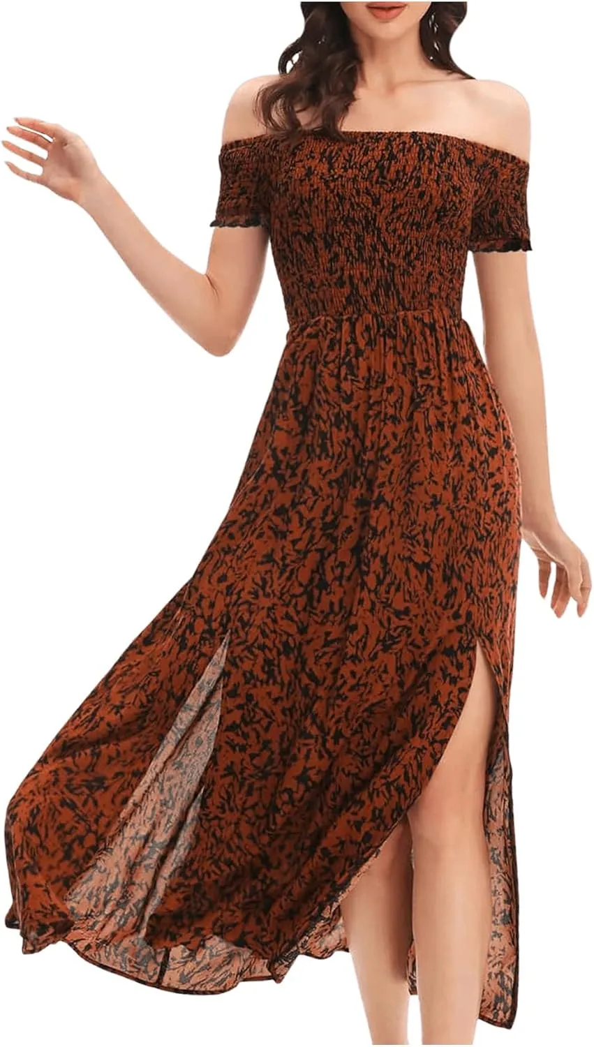 Floerns Women's Boho Floral Print Off Shoulder Split Long A Line Dress