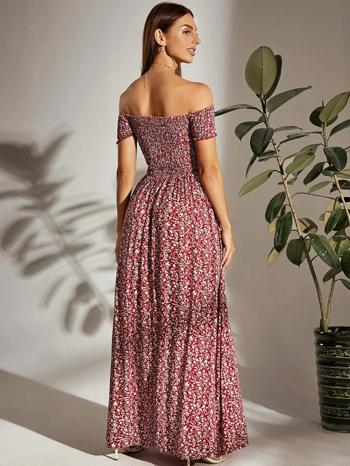 Floerns Women's Boho Floral Print Off Shoulder Split Long A Line Dress