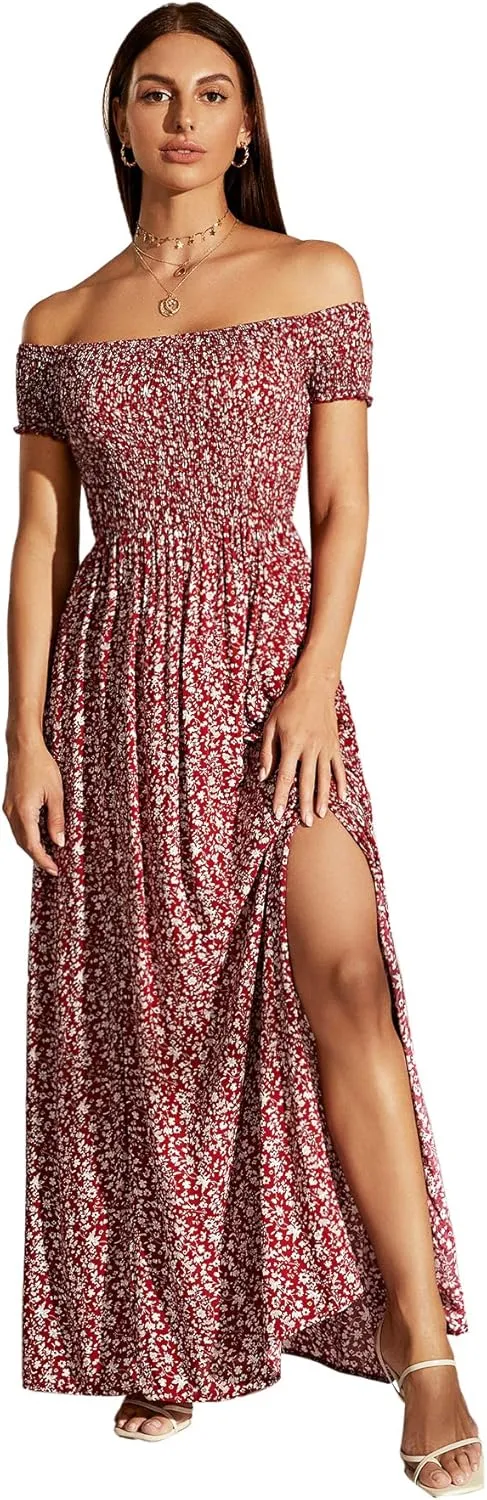 Floerns Women's Boho Floral Print Off Shoulder Split Long A Line Dress