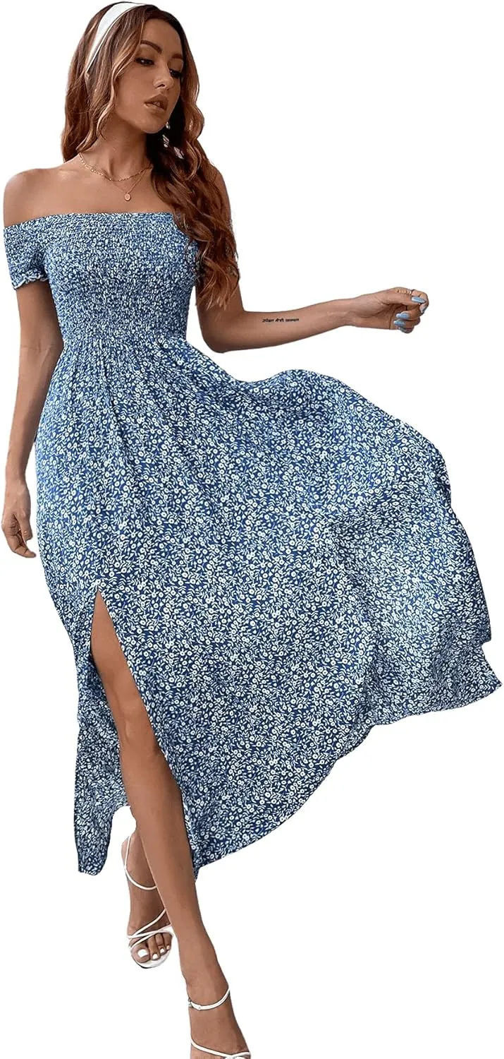 Floerns Women's Boho Floral Print Off Shoulder Split Long A Line Dress