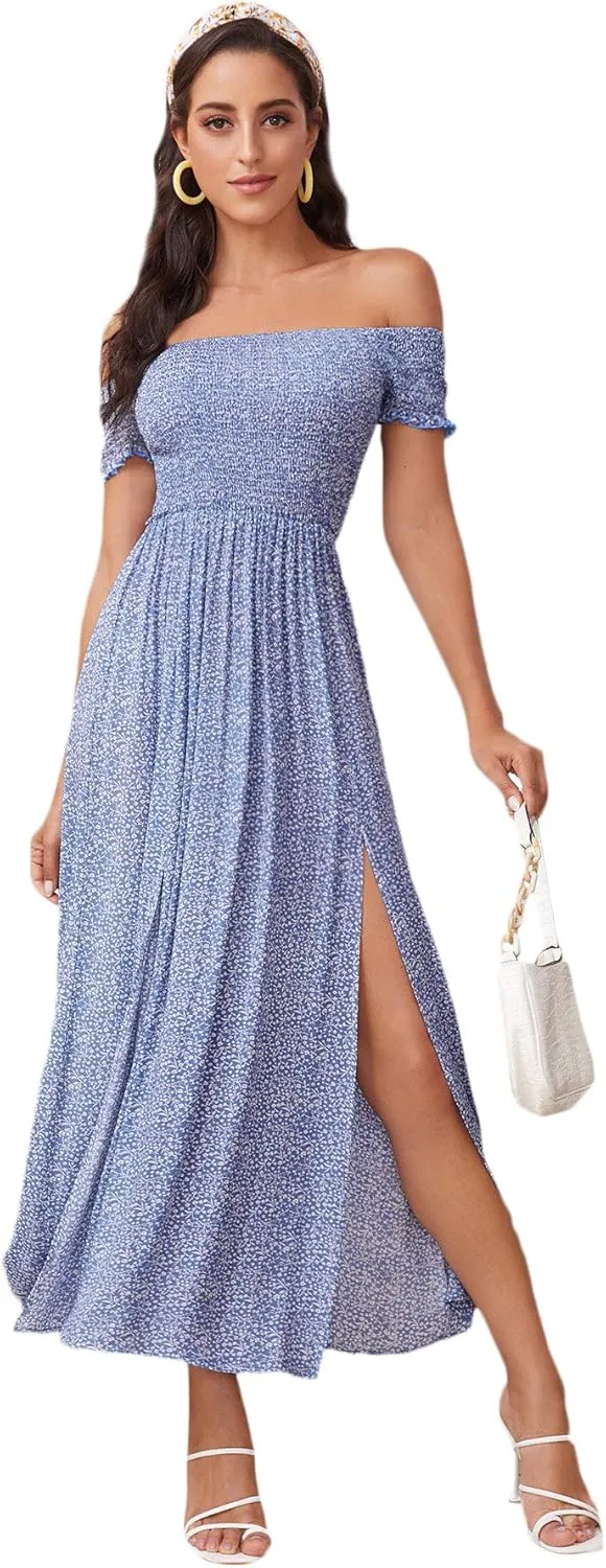 Floerns Women's Boho Floral Print Off Shoulder Split Long A Line Dress