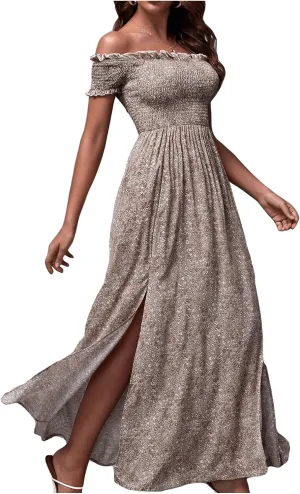 Floerns Women's Boho Floral Print Off Shoulder Split Long A Line Dress