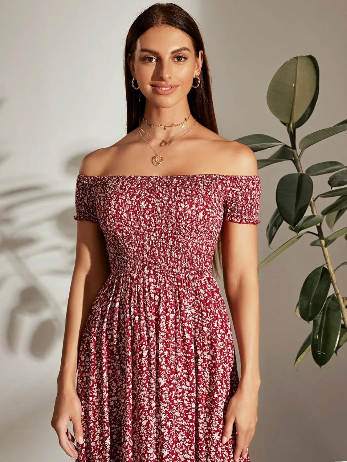 Floerns Women's Boho Floral Print Off Shoulder Split Long A Line Dress