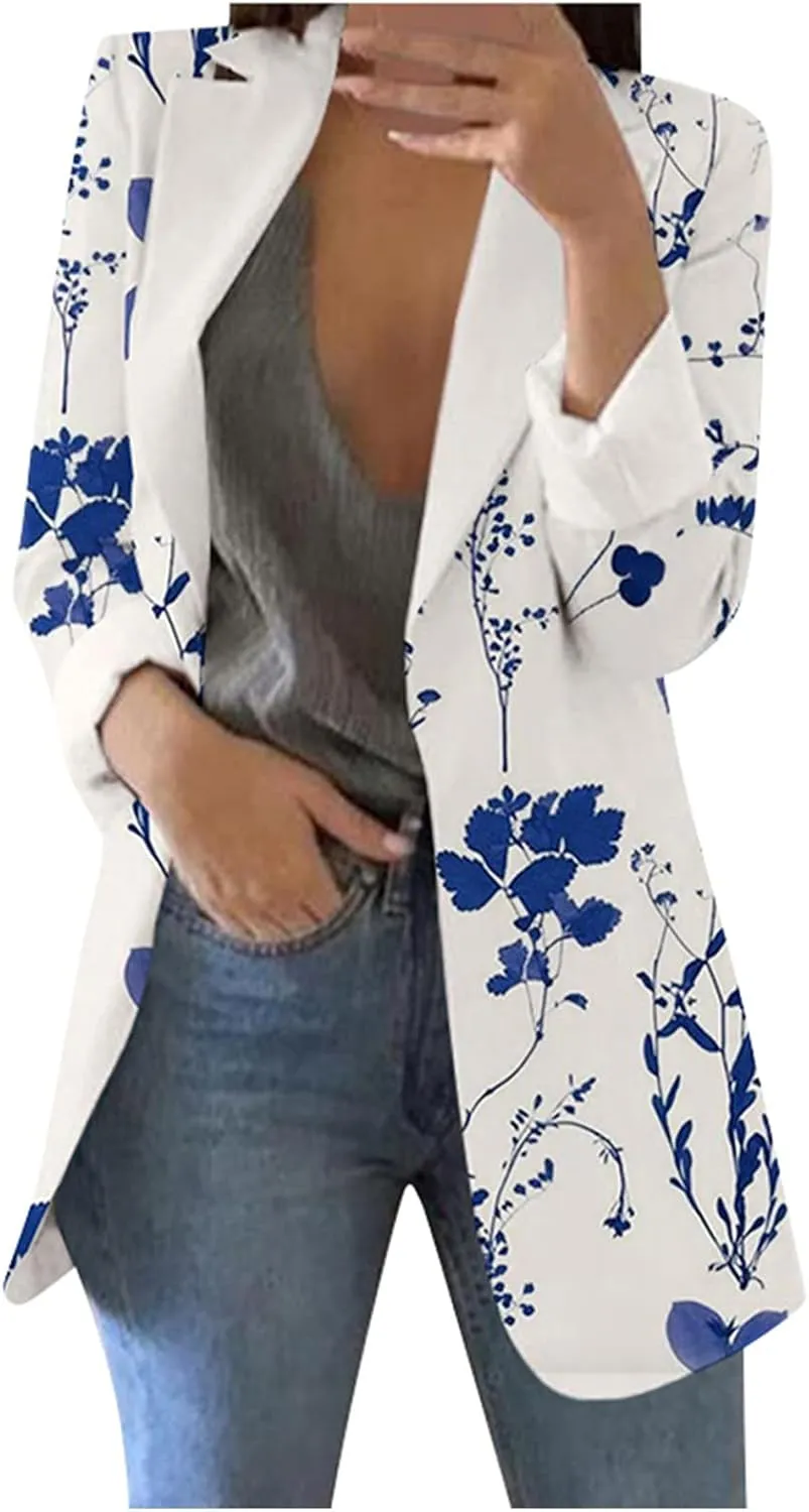 Floral Blazers for Women Long Sleeve Trendy Casual Open Front Printed Dressy Fitted Suit Jackets