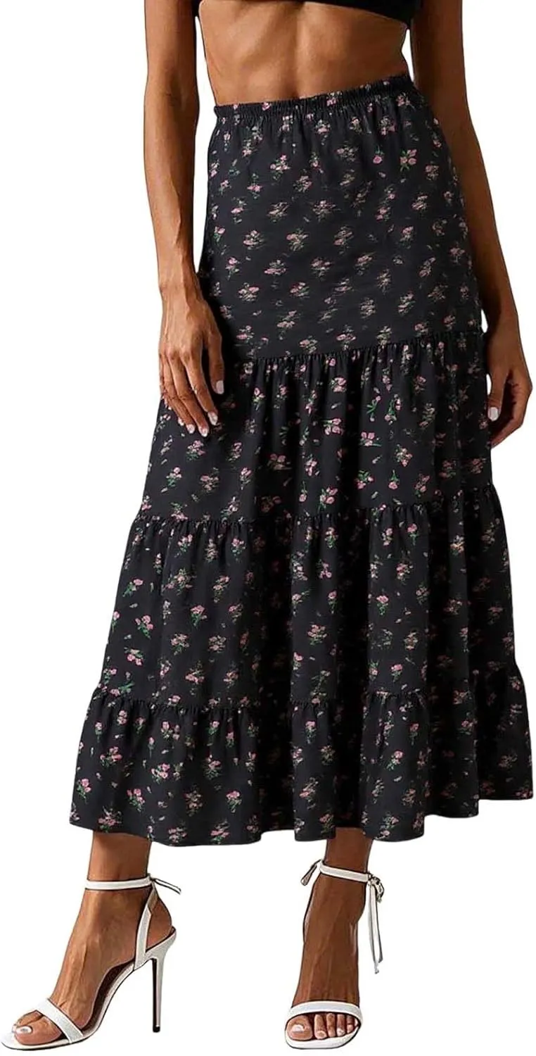 Floral Maxi Skirts for Women Flowy Boho Pleated A-Line Summer Beach Elastic Waist Splicing Swing Long Skirts