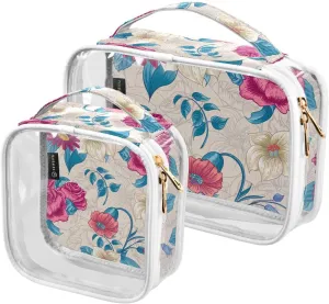 Floral-pattern-roses-wildflowers 2 Pieces Clear Makeup Cosmetic Bags for Traveling Vacation Organizing, Toiletry Bags for Women Men, PVC Waterproof Travel Organizer