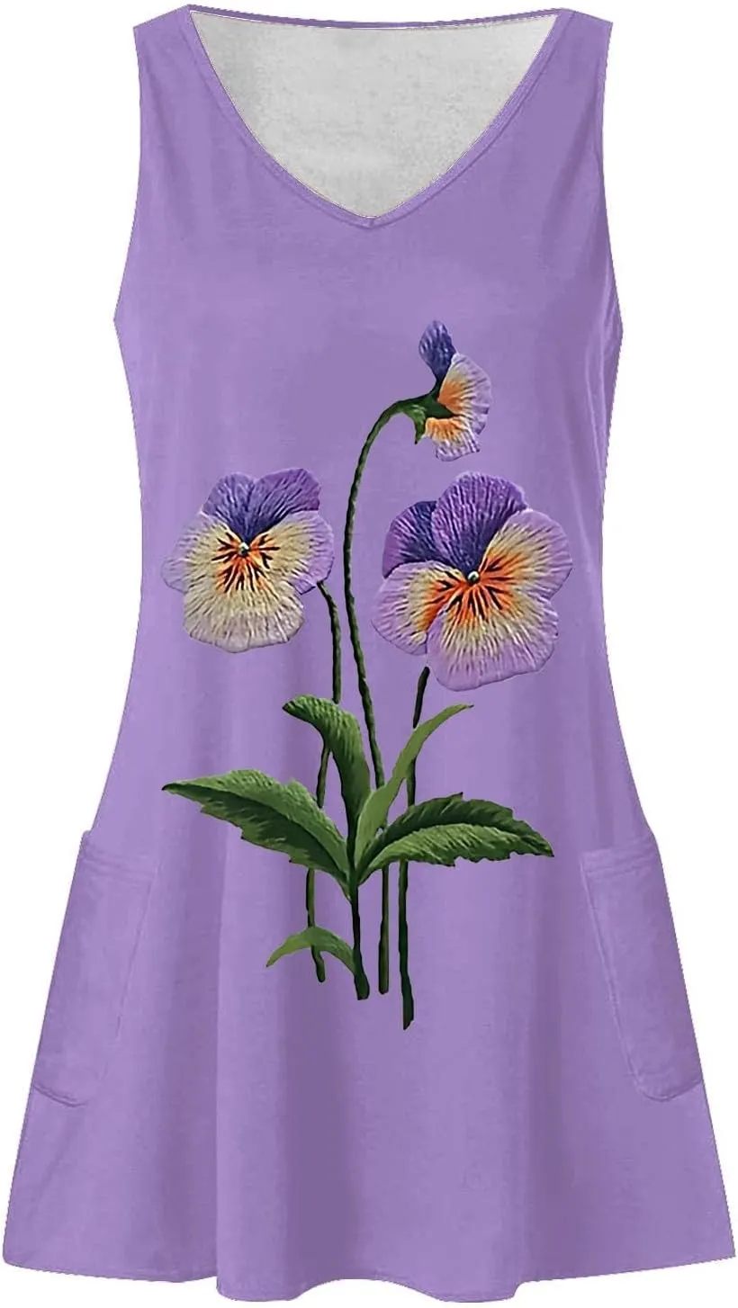 Floral Print Dresses for Women - Casual V-Neck Sundresses, Vintage Sleeveless Tshirt Dresses,Summer Beachwear 2025