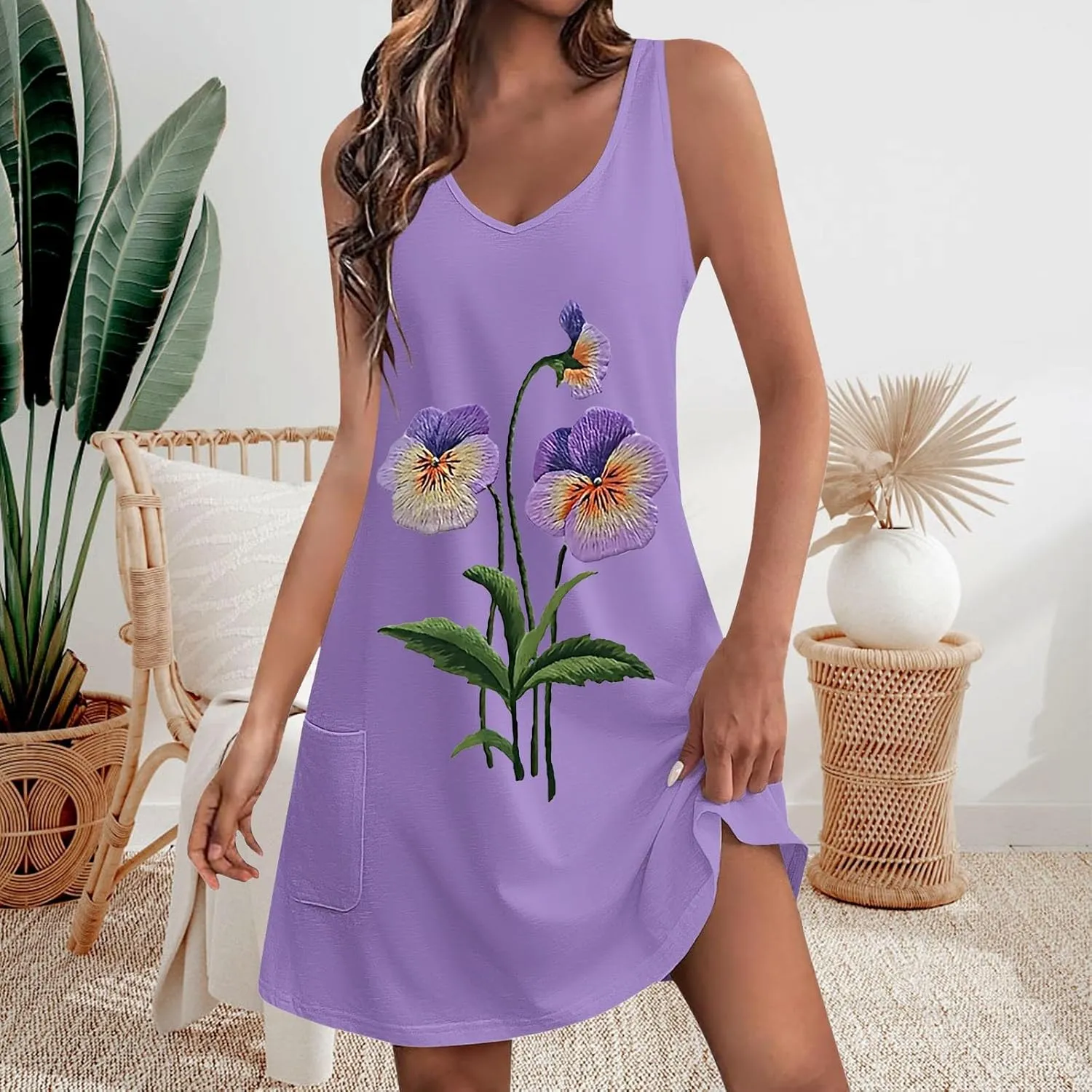 Floral Print Dresses for Women - Casual V-Neck Sundresses, Vintage Sleeveless Tshirt Dresses,Summer Beachwear 2025