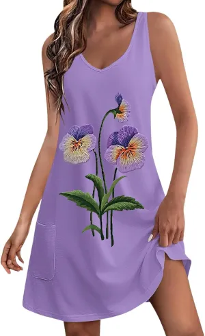 Floral Print Dresses for Women - Casual V-Neck Sundresses, Vintage Sleeveless Tshirt Dresses,Summer Beachwear 2025