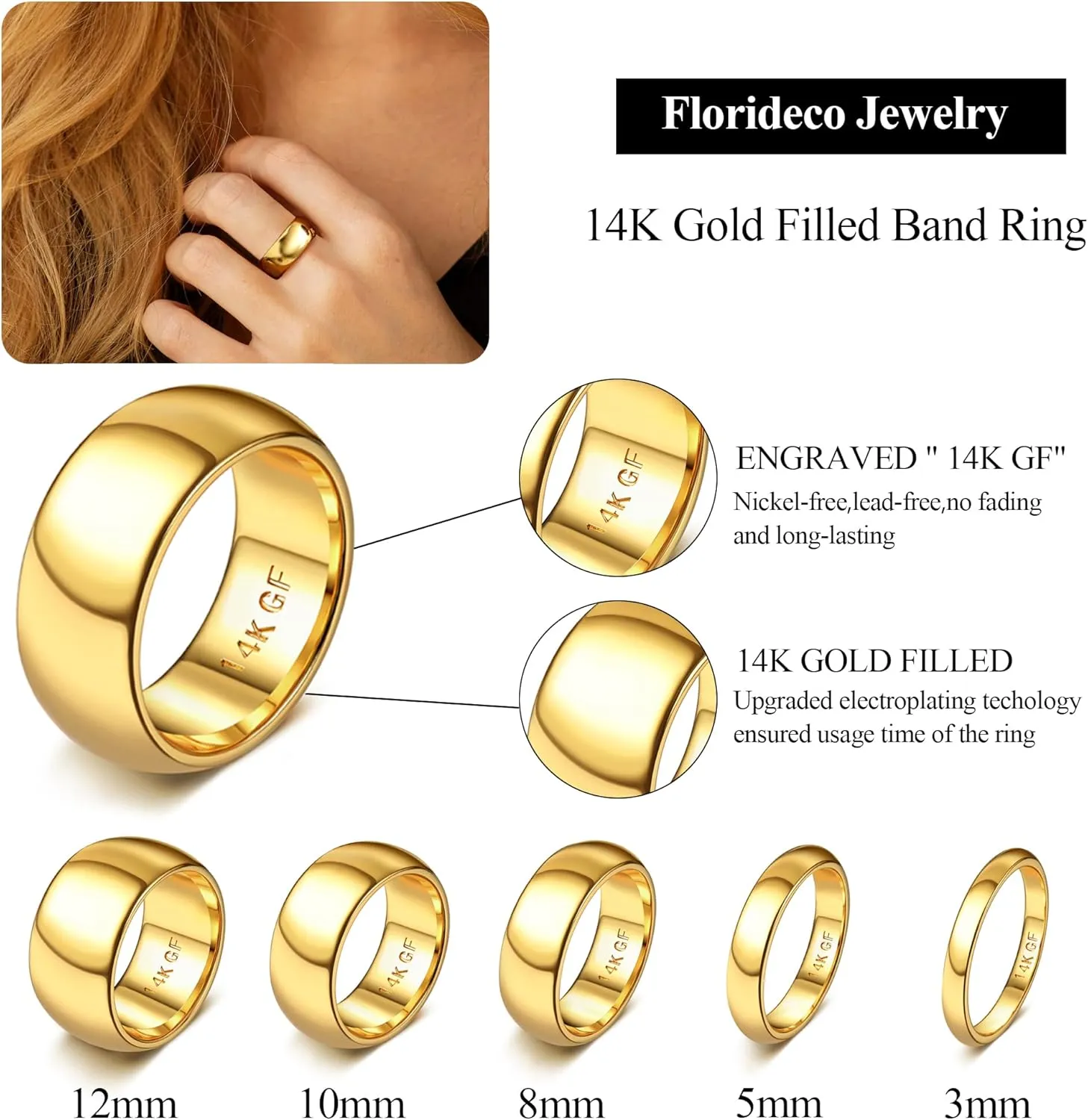 Florideco 14K Gold Filled Ring Gold Band for Women Men Thick Thin Pinky Thumb Ring Gold Wedding Band Ring Non Tarnish Plain Domed Comfort Fit Size 6 to 10