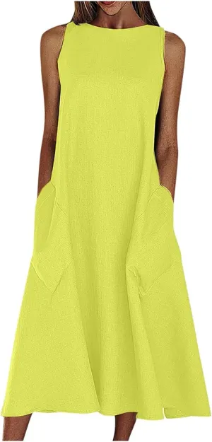 Flowy A Line Plus Size Midi Tank Dress with Pockets Relaxed Fit Going Out Daily Solid Color Dress S-3XL