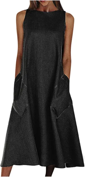 Flowy A Line Plus Size Midi Tank Dress with Pockets Relaxed Fit Going Out Daily Solid Color Dress S-3XL