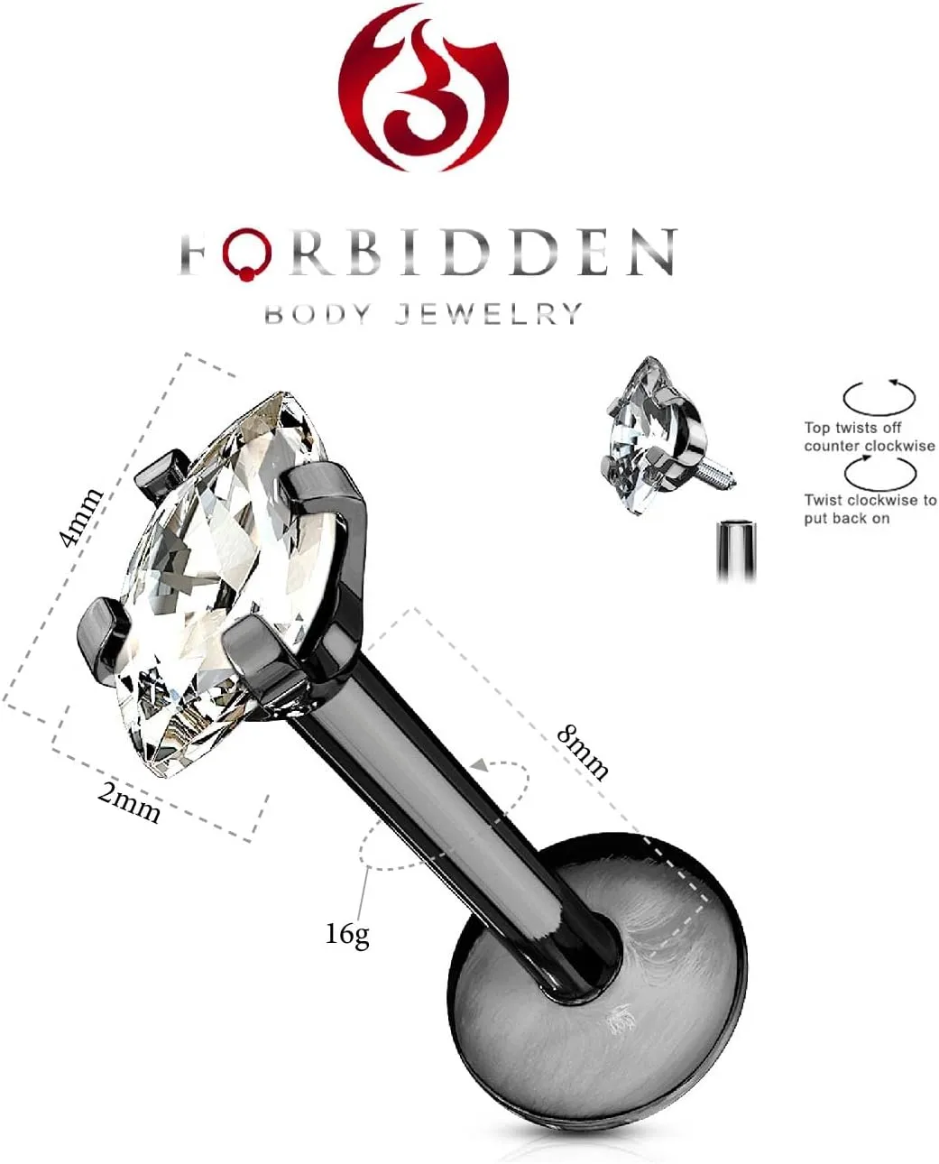 Forbidden Body Jewelry Tragus Earring, Labret Jewelry 16g, Tragus Piercing Jewelry Surgical Steel, Internally Threaded Surgical Steel Marquise CZ Labret Stud (Pick Color/Length)