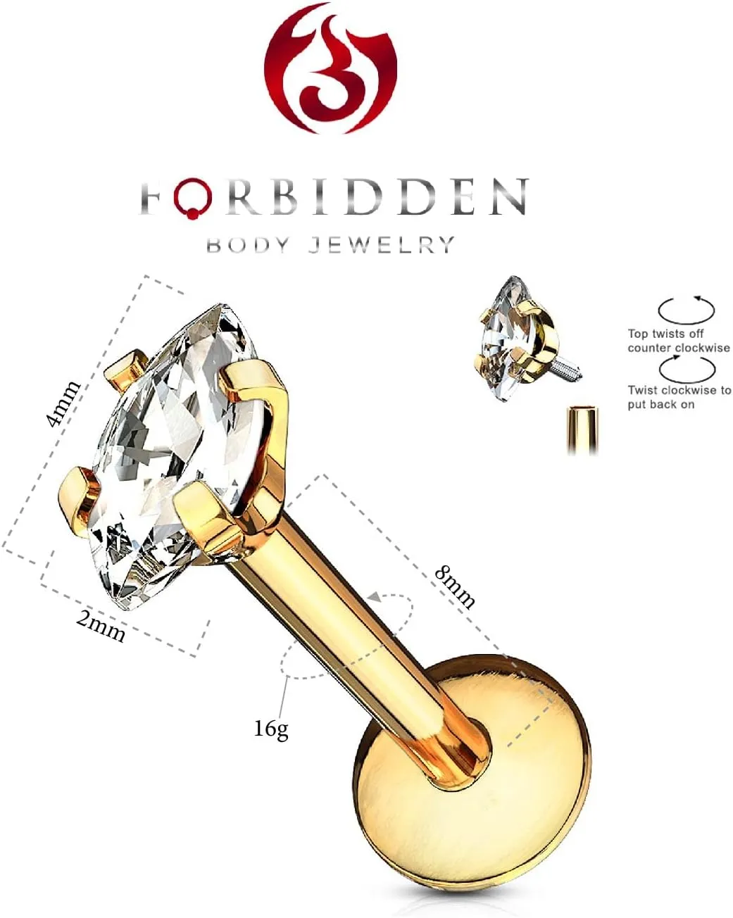 Forbidden Body Jewelry Tragus Earring, Labret Jewelry 16g, Tragus Piercing Jewelry Surgical Steel, Internally Threaded Surgical Steel Marquise CZ Labret Stud (Pick Color/Length)