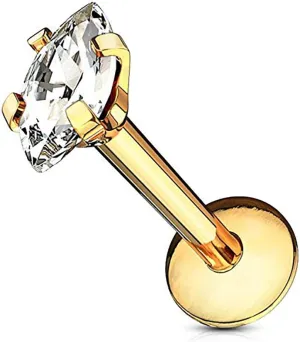Forbidden Body Jewelry Tragus Earring, Labret Jewelry 16g, Tragus Piercing Jewelry Surgical Steel, Internally Threaded Surgical Steel Marquise CZ Labret Stud (Pick Color/Length)