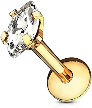 Forbidden Body Jewelry Tragus Earring, Labret Jewelry 16g, Tragus Piercing Jewelry Surgical Steel, Internally Threaded Surgical Steel Marquise CZ Labret Stud (Pick Color/Length)