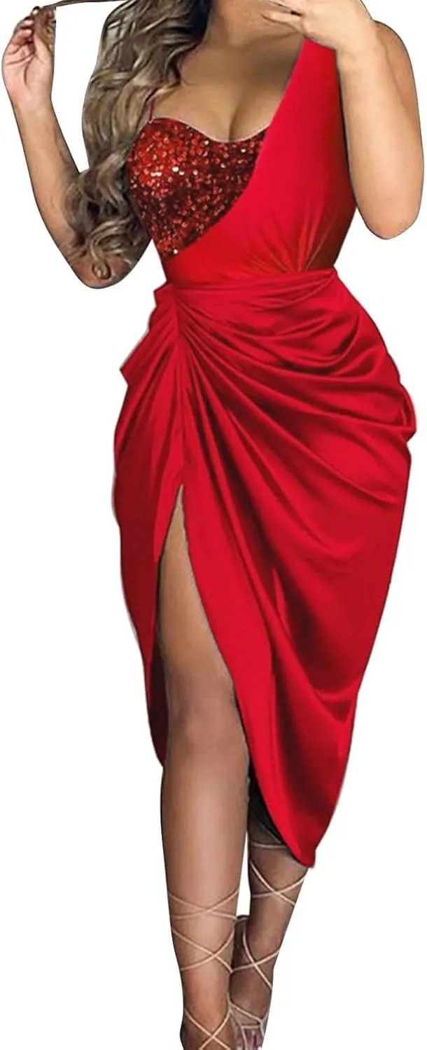 Formal Gowns for Women 2024 Elegant Ruched One-Shoulder Splice Midi Dress Sexy Side Shirring Sleeveless Evening Gowns