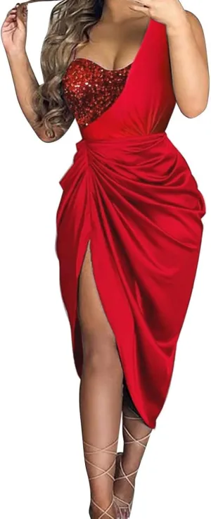 Formal Gowns for Women 2024 Elegant Ruched One-Shoulder Splice Midi Dress Sexy Side Shirring Sleeveless Evening Gowns