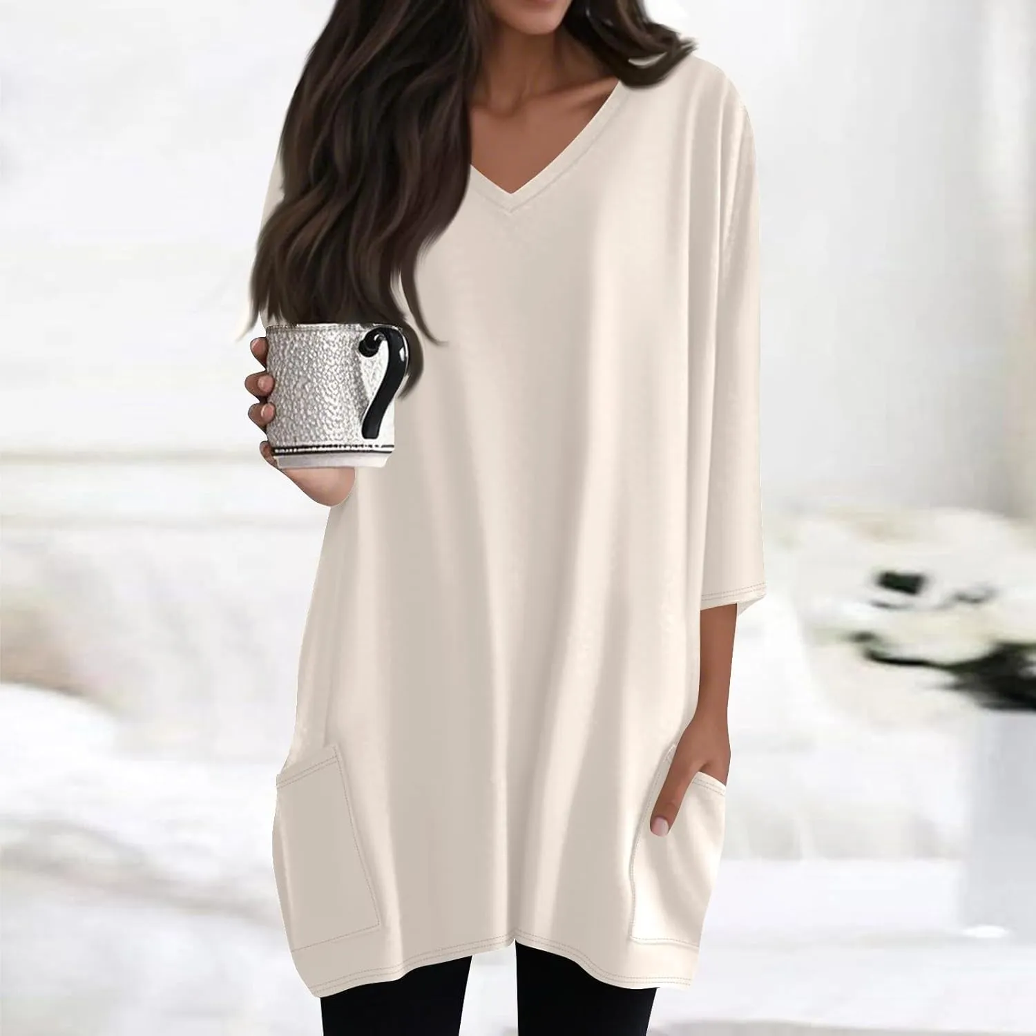 FQZWONG Oversized Tshirts for Women 2025 Summer 3/4 Sleeve Tunic Tops Casual V Neck T Shirts Ladies Blouses with Pockets
