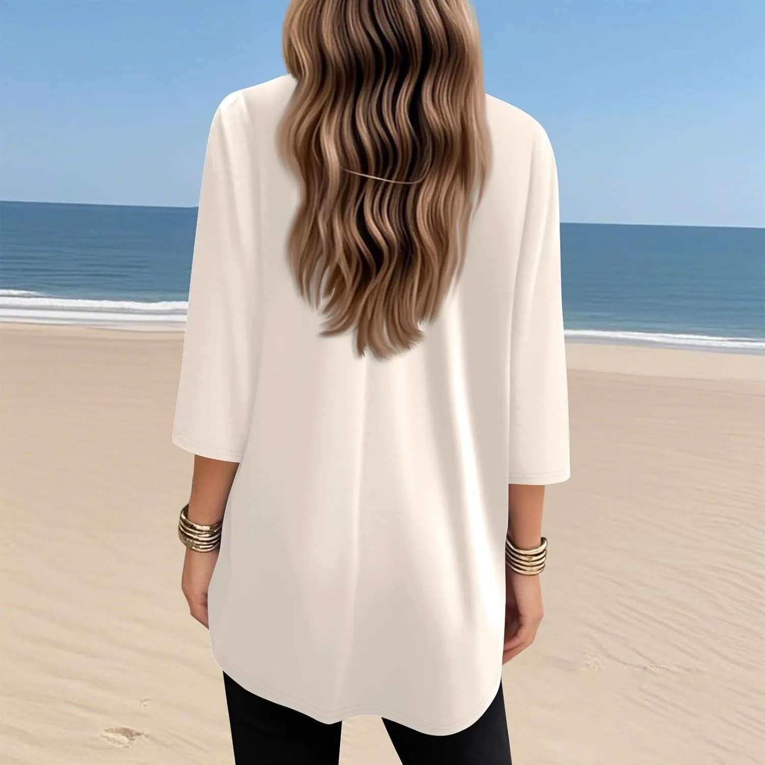 FQZWONG Oversized Tshirts for Women 2025 Summer 3/4 Sleeve Tunic Tops Casual V Neck T Shirts Ladies Blouses with Pockets