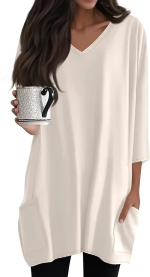 FQZWONG Oversized Tshirts for Women 2025 Summer 3/4 Sleeve Tunic Tops Casual V Neck T Shirts Ladies Blouses with Pockets