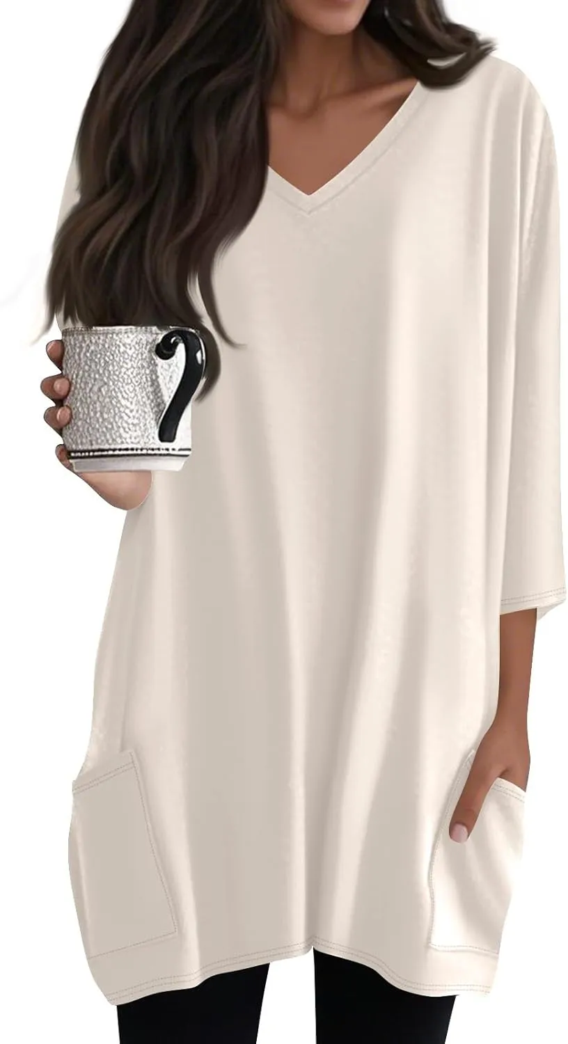 FQZWONG Oversized Tshirts for Women 2025 Summer 3/4 Sleeve Tunic Tops Casual V Neck T Shirts Ladies Blouses with Pockets