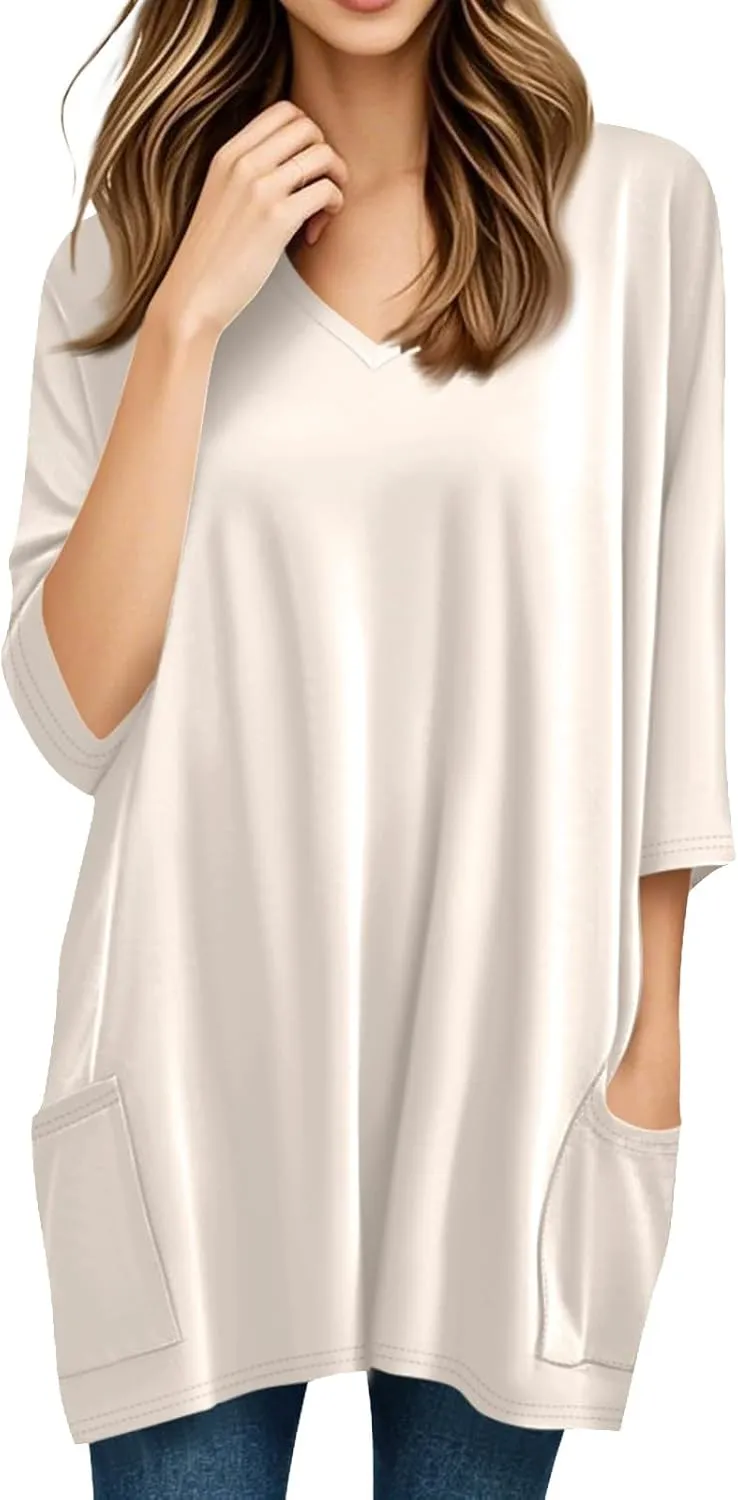 FQZWONG Oversized Tshirts for Women 2025 Summer 3/4 Sleeve Tunic Tops Casual V Neck T Shirts Ladies Blouses with Pockets