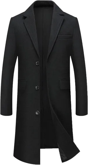 FTIMILD Mens Wool Blend Coat Notch Lapel Single Breasted Long Trench Coat Winter Overcoat with Pockets