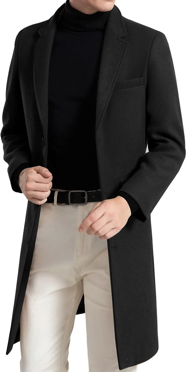 FTIMILD Mens Wool Blend Coat Notch Lapel Single Breasted Long Trench Coat Winter Overcoat with Pockets