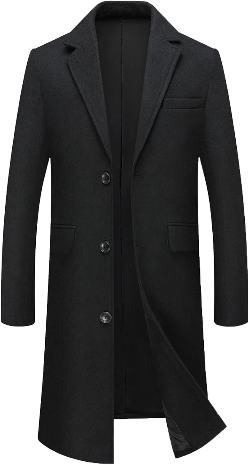 FTIMILD Mens Wool Blend Coat Notch Lapel Single Breasted Long Trench Coat Winter Overcoat with Pockets