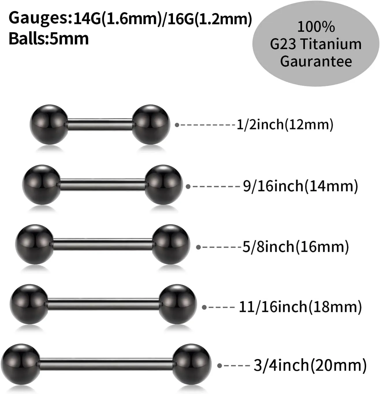 FUNLMO 1 Pair Nipple Rings G23 Titanium Nipple Piercing Jewelry Tongue Rings Internally Threaded Nipple Jewelry Bridge Piercing Jewelry 16G 14G 12G 12mm-18mm